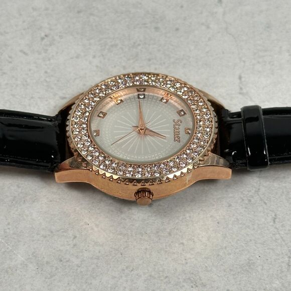 Stauer Watch Womens 38mm Pave Crystal Bezel Gold Tone Black Band New Battery main image 5